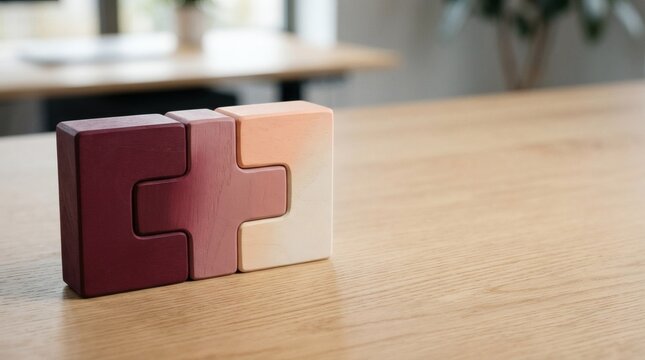 Wooden interlocking puzzle blocks in gradient maroon tones arranged on light surface for teamwork concept.