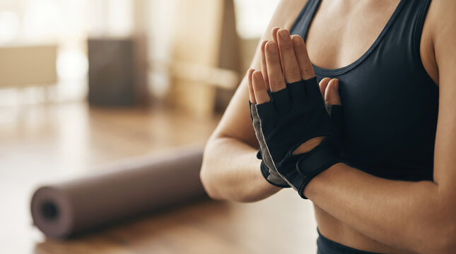 Fit female presses gloved hands in prayer position while sitting calmly on floor. Dedicated practitioner maintains namaste gesture near rolled workout mat, showing quiet concentration and balance.