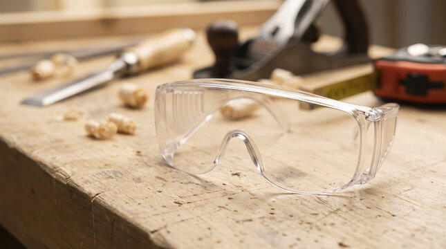 Clear safety goggles sit on wooden workbench near wood shavings and chisel, exemplifying woodworking safety gear ready for carpentry tasks during calm focused craftwork in carpentry studio.
