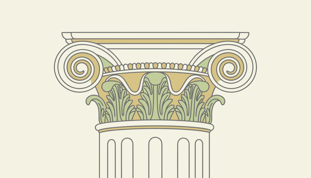 Intricate architectural detail of an ionic column capital featuring classical scrolls and acanthus leaf carvings in a refined color palette.