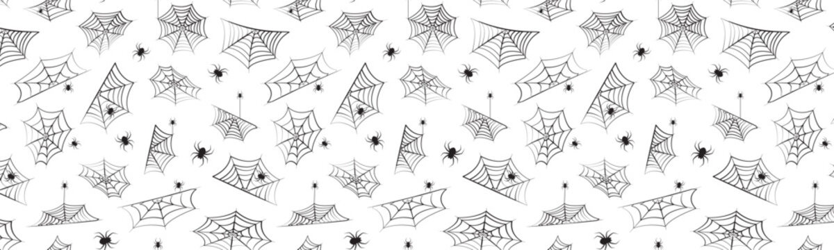 Spider web seamless pattern, Halloween cobweb background. Spooky repeat line net border, simple gothic print. Horror black insect spider and network bg. Abstract vector illustration