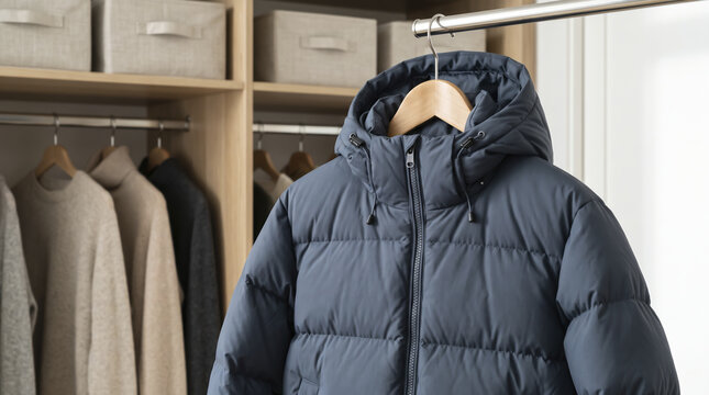 Dark down jacket hangs gracefully inside wooden closet storage system. Hooded winter coat hangs near folded knitwear, delivering peaceful sense of stylish household organization during autumn.