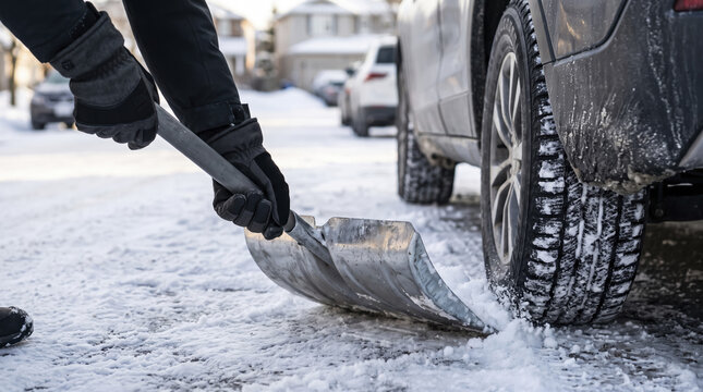 Person shovels icy snow away from modern vehicle tire outside. Frosty suburban driveway maintenance continues with metal spade scraping cold ground during determined winter chore routine.