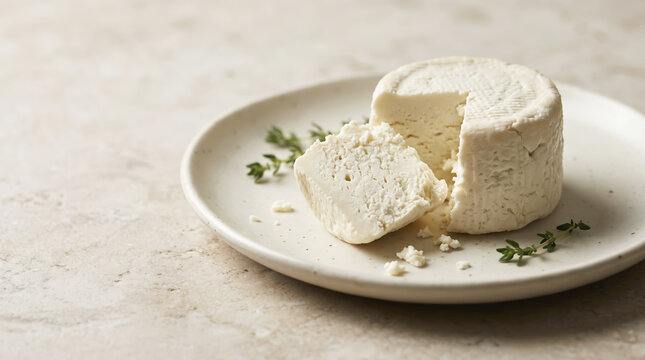 Round wheel of goat cheese rests cut on plate beside fresh thyme sprigs. Soft dairy product offers textured crumbly surface alongside separated wedge over textured stone countertop table.
