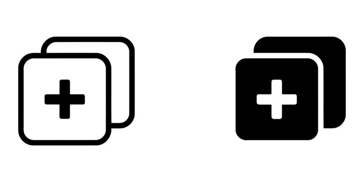 Two stacked icons with a plus symbol inside on a white background representing adding new elements or content
