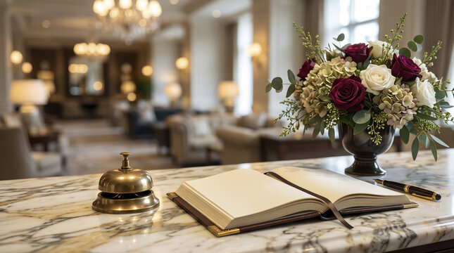 Marble concierge counter displays classic call bell next to open leather journal with fountain pen and floral bouquet, creating tranquil atmosphere in refined luxury resort entrance hall.
