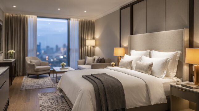 Modern hotel room features neatly made double bed adorned with plush white pillows and grey blanket beside glowing bedside lamps, creating calm atmosphere overlooking misty city skyline.