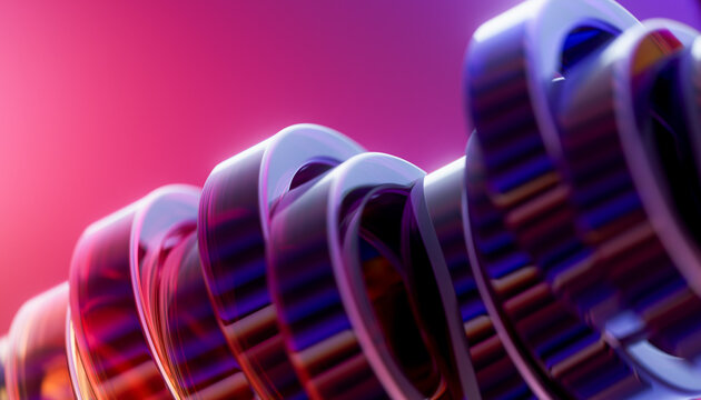 Repeating 3D metal coils with violet reflections for advanced engineering concept