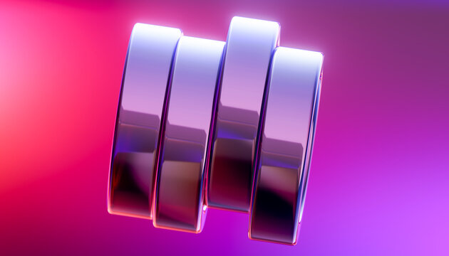 Minimal 3D floating metal bands with violet chrome finish on a pink gradient