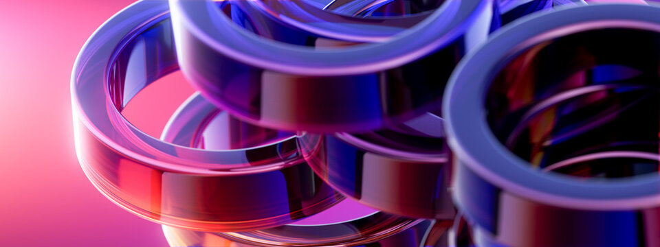 Interlocking 3D metallic loops in magenta light for connected network innovation