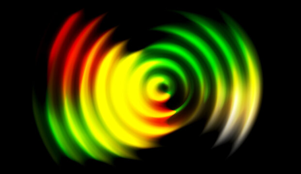 Vibrant concentric sound waves with rainbow resonance on a black background