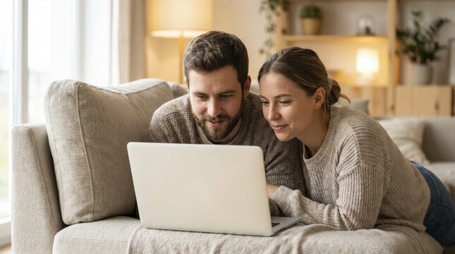 Young couple resting on sofa browse laptop screen together with gentle smiles. Relaxed young couple in knit sweaters share peaceful leisure time while viewing modern computer in warm home interior.