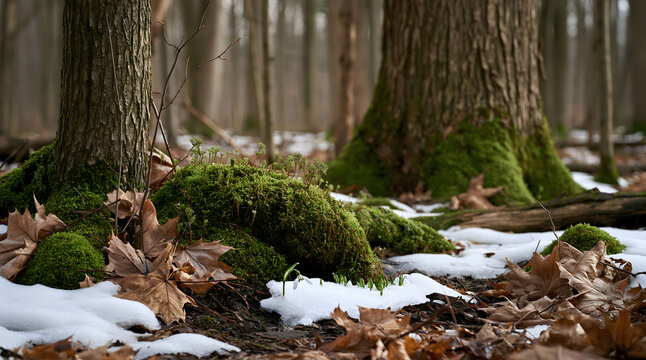 In spring, moss covers the ground and tree trunks, and the first snowdrops begin to peek through.