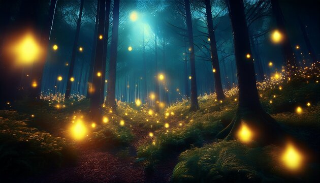 ai generative forest filled with firefly light