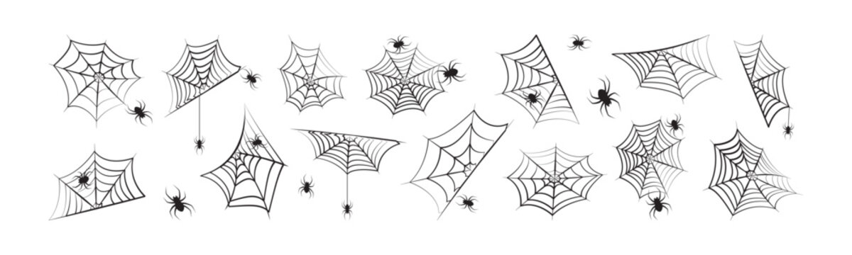 Spider web icon, Halloween cobweb set. Spooky net insect, cartoon black silhouette. Creepy goth doodle isolated on white background. Traditional holiday vector illustration