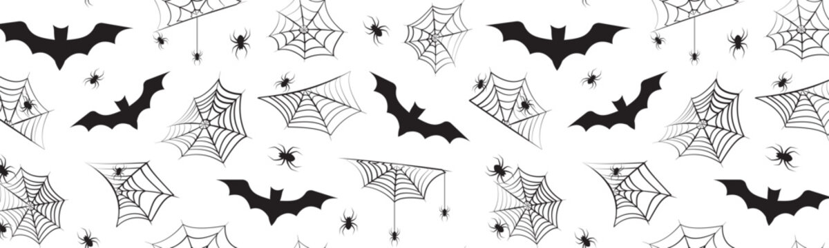 Halloween seamless pattern, spider web background. Bat and cobweb texture, cute spooky element. Goth simple wallpaper, vintage black and white bg. Horror funny silhouette print. Vector illustration