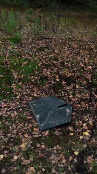 A destroyed military drone lies in a forest, highlighting environmental damage caused by the Russia-Ukraine war in Europe, including debris pollution and threats to the natural ecosystem.