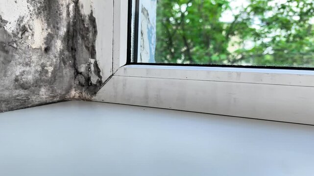 Wall slope near window shows dangerous mold spreading in residential room. Fungal infestation indicates condensation and poor air circulation. Mold creates toxic environment needing urgent cleaning.