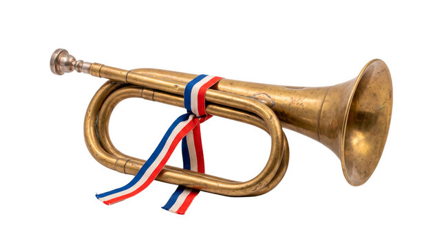 Clairon militaire fran&ccedil;ais de la Premi&egrave;re Guerre mondiale avec ruban tricolore, sans fond, PNG transparent