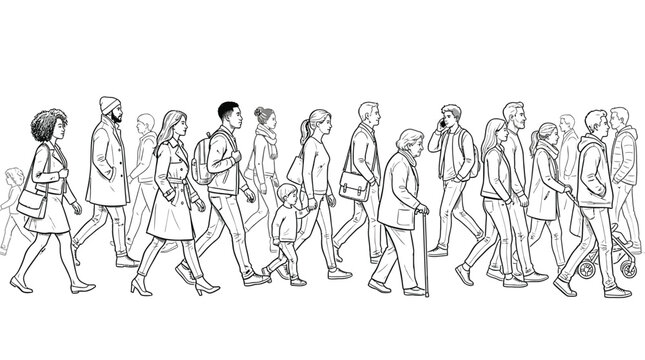 Diverse crowd of citizens walking together in black and white vector illustration design