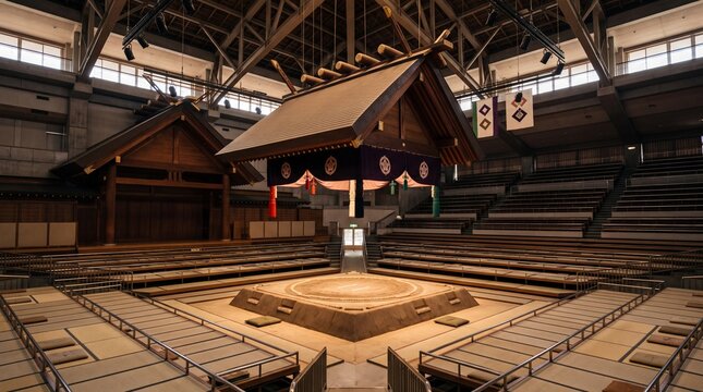 Empty Traditional Sumo Wrestling Dohyo Inside Arena in Japan