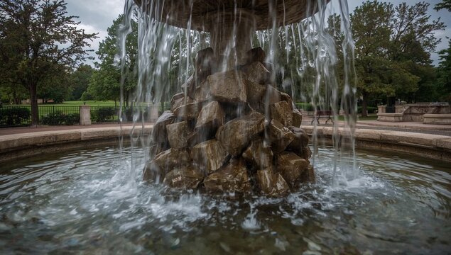 A fountain with water flowing from it in a park