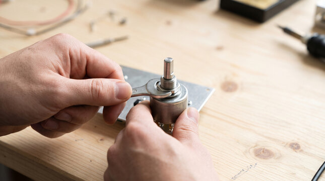 Hands wiring flexible hookup wire around terminal pin of rotary potentiometer component
