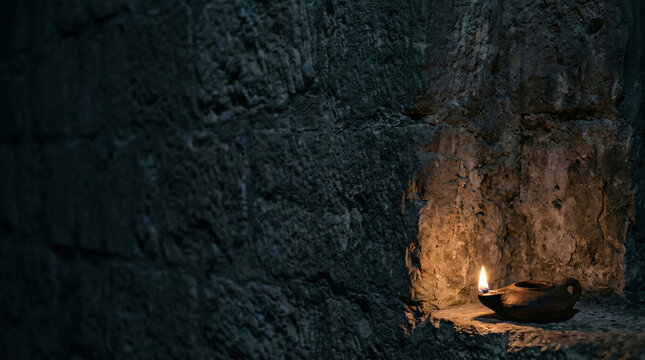 Clay oil lamp burning in a stone wall niche. Ancient light in darkness.