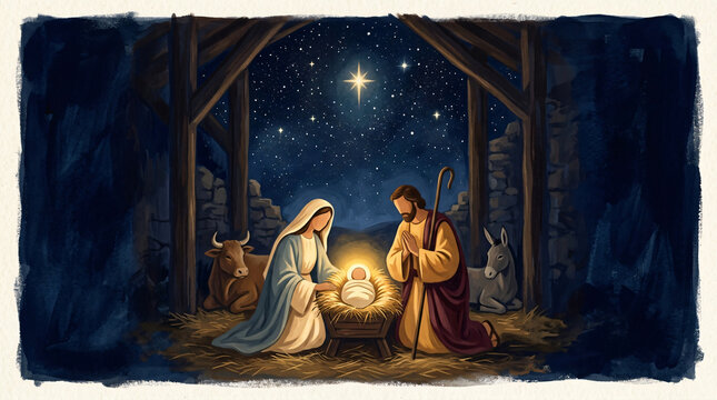 Holy Family adoring baby Jesus in a stable under a bright star.