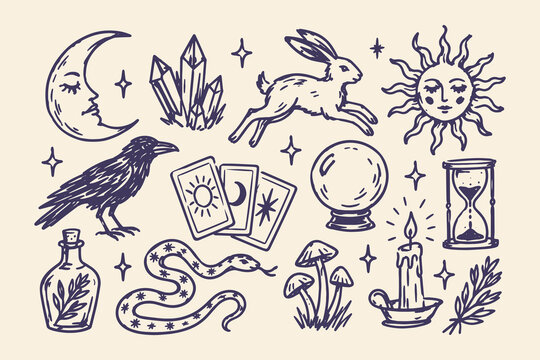 Witchcraft Symbols Hand Drawn Mystical Vintage Sketch Set with Moon, Tarot and Crystals