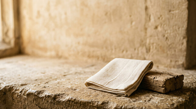 Linen cloth and wood resting on a stone ledge in an ancient tomb
