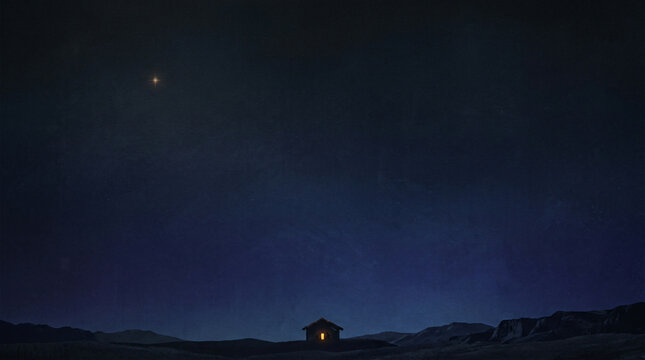 Hut with glowing light under a bright star at night. Minimalist Christmas background.