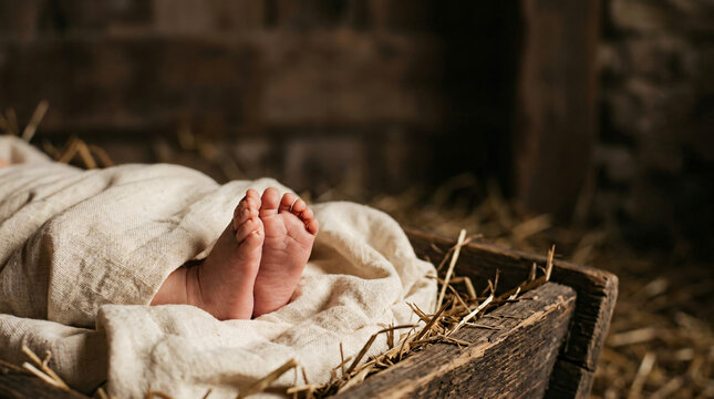 Newborn baby feet resting in a wooden manger with hay. Nativity scene.