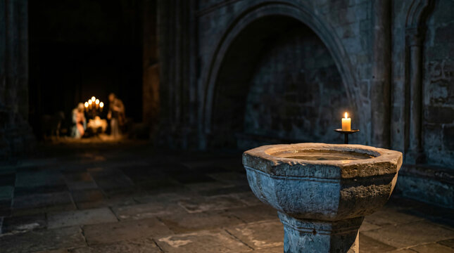 Stone baptismal font stands in a dark church interior. Sacred atmosphere for Christmas.