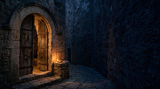 Ancient stone doorway with warm glow in a dark alleyway. Historic architecture at night.