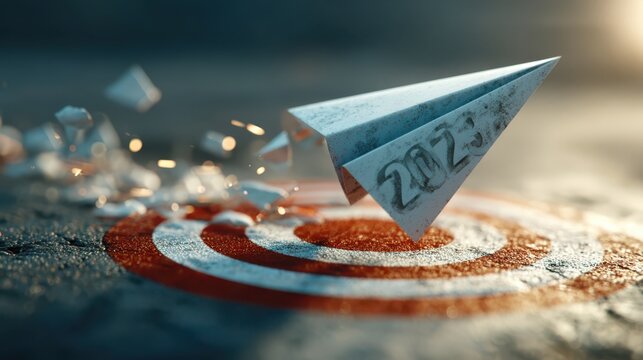 Paper plane flying from a blurred 2025 into 2026 toward a target symbol, representing New Year transition, goal setting, direction, innovation, and strategic planning.