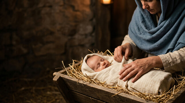 Newborn baby Jesus sleeping in a wooden manger with Mary. Nativity scene for Christmas.