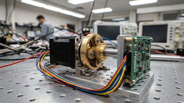 A precision stepper motor with a brass planetary gear assembly and a green circuit board mounted on an optical breadboard in an electronics engineering laboratory with a blurred technician background