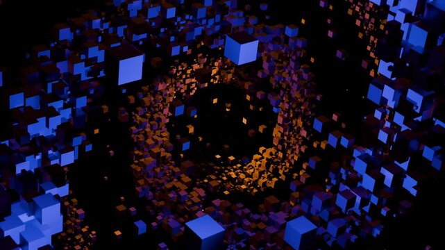 Flying through abstract cube swirl floating in zero gravity with bright blue and orange illumination. Surreal background with deep fractal geometry tunnel made of 3D blocks. Seamless VJ loop 4K 60fps