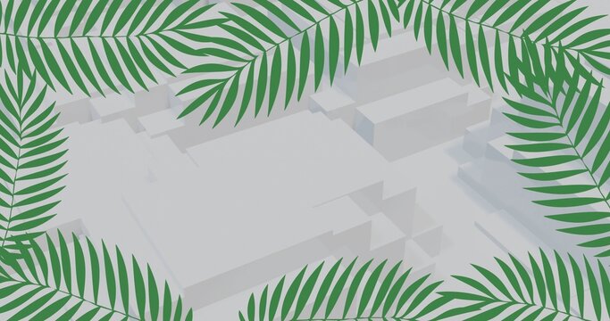 Green palm leaves framing pale geometric blocks with soft shadows near edges, copy space