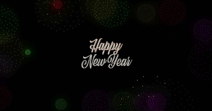 Sparkling cursive Happy New Year greeting glowing on dark field with colorful bokeh lights