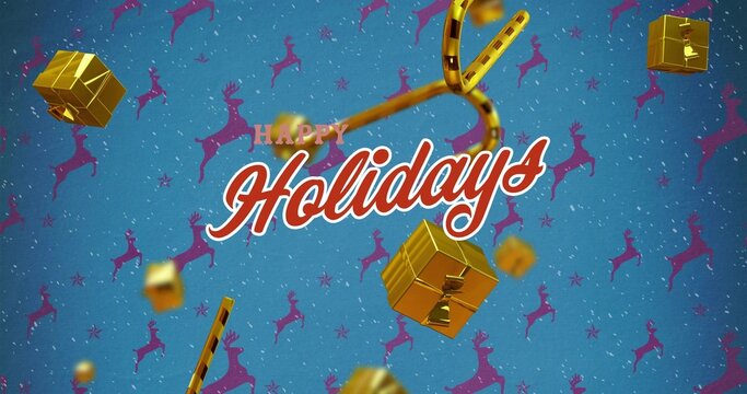 Red script displaying Happy Holidays floating on blue background purple reindeer and gold gifts