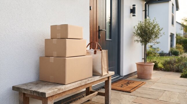 Delivery package stack on wooden bench by front door, cardboard boxes and grocery bag outside modern residential house, home entrance porch stock photo