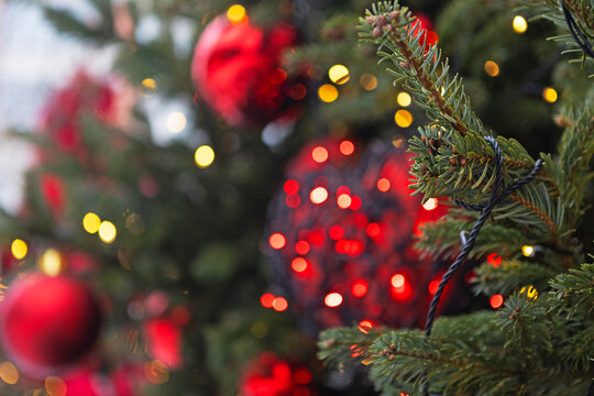 Red bokeh lights on dark background. Blurred circles. Close-up fir branch with small cones. Festive abstract texture. Holiday illumination. New Year's background. Christmas mood