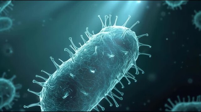 Glowing Microscopic Aquatic Bacterium and Microorganism with Hairlike Projections Dark Teal