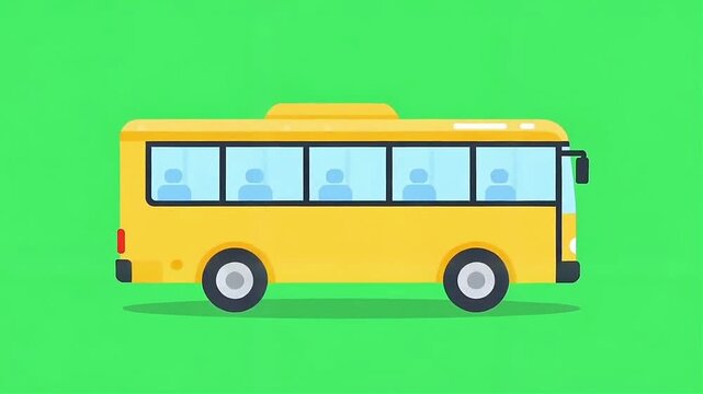 Yellow School Bus Driving Forward with Passengers Inside, Flat Vector Illustration on Bright Green Background
