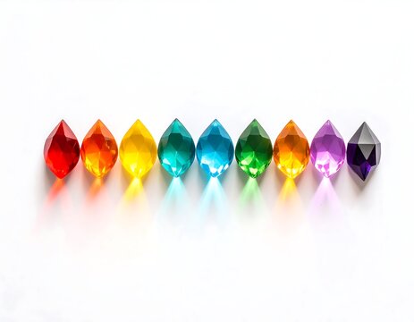 Rainbow Colored Gems Arranged on White Background