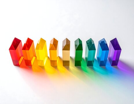 Colorful faceted crystals arranged in a row with vibrant color