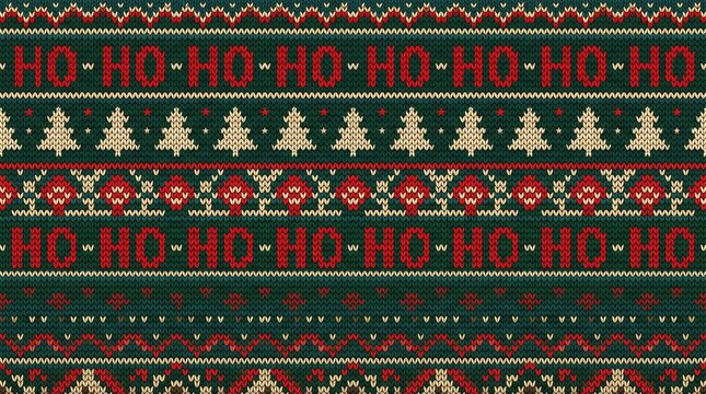 Ho-ho-ho holiday sweater knit pattern with snowmen and text on green background