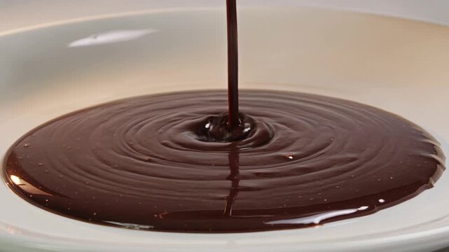 Melted chocolate pouring and swirling close-up